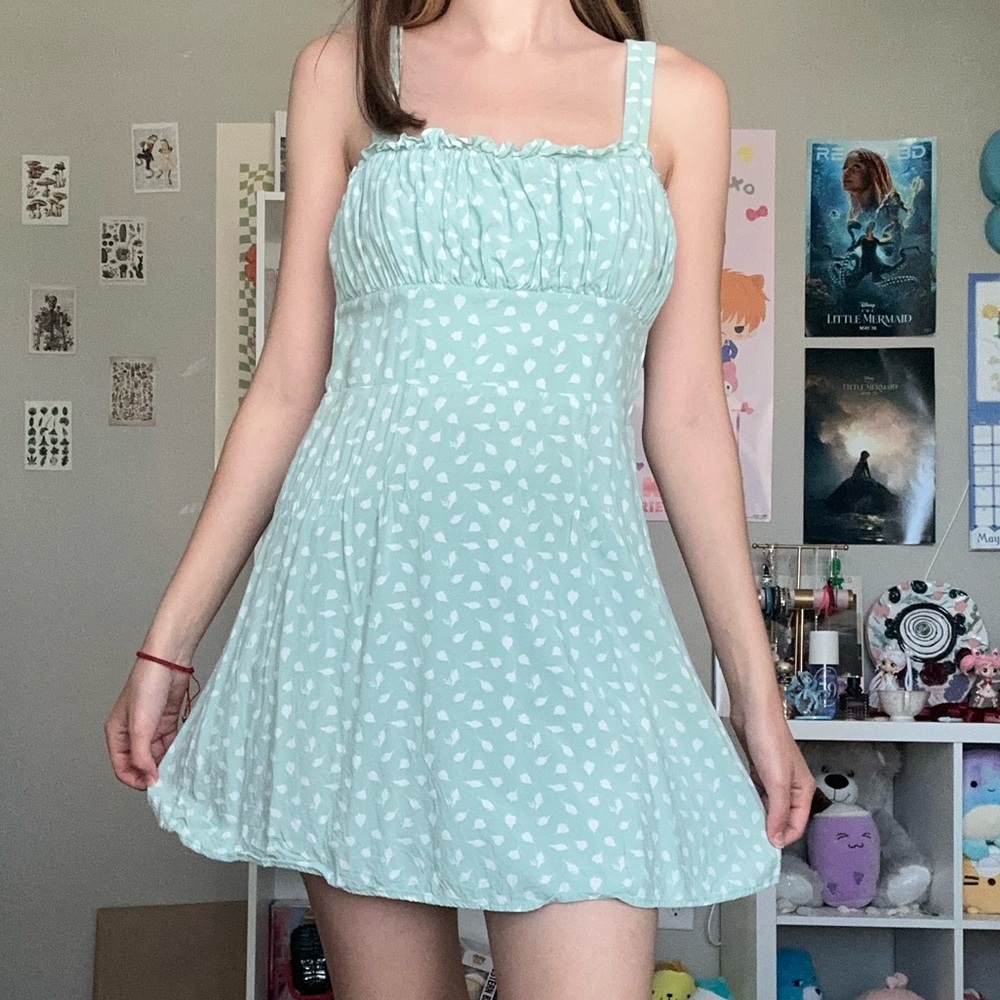 Green and white mini dress